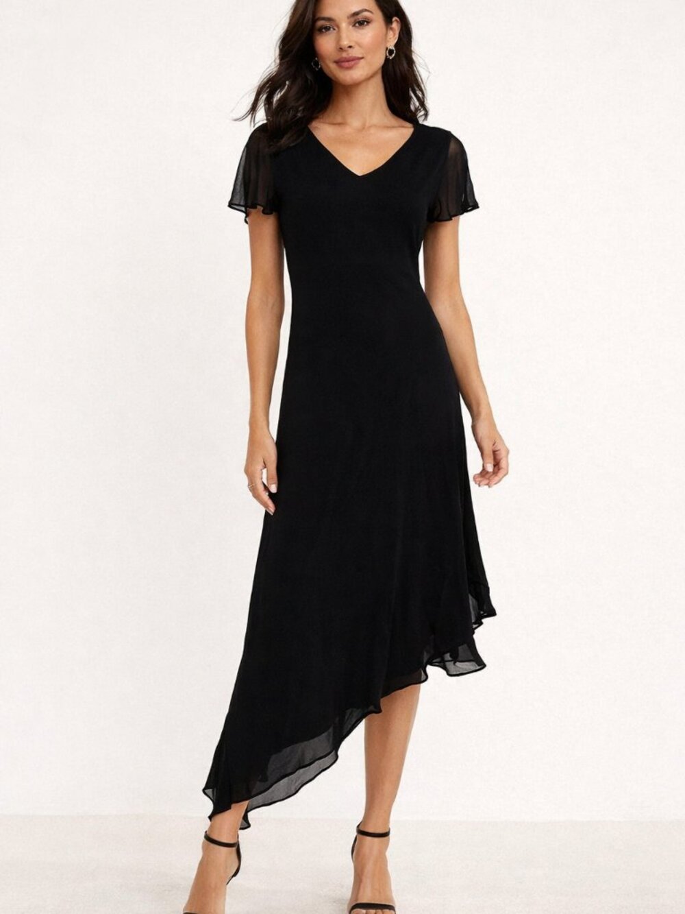 Talbots Black Asymmetrical Midi Dress with Sheer Sleeves